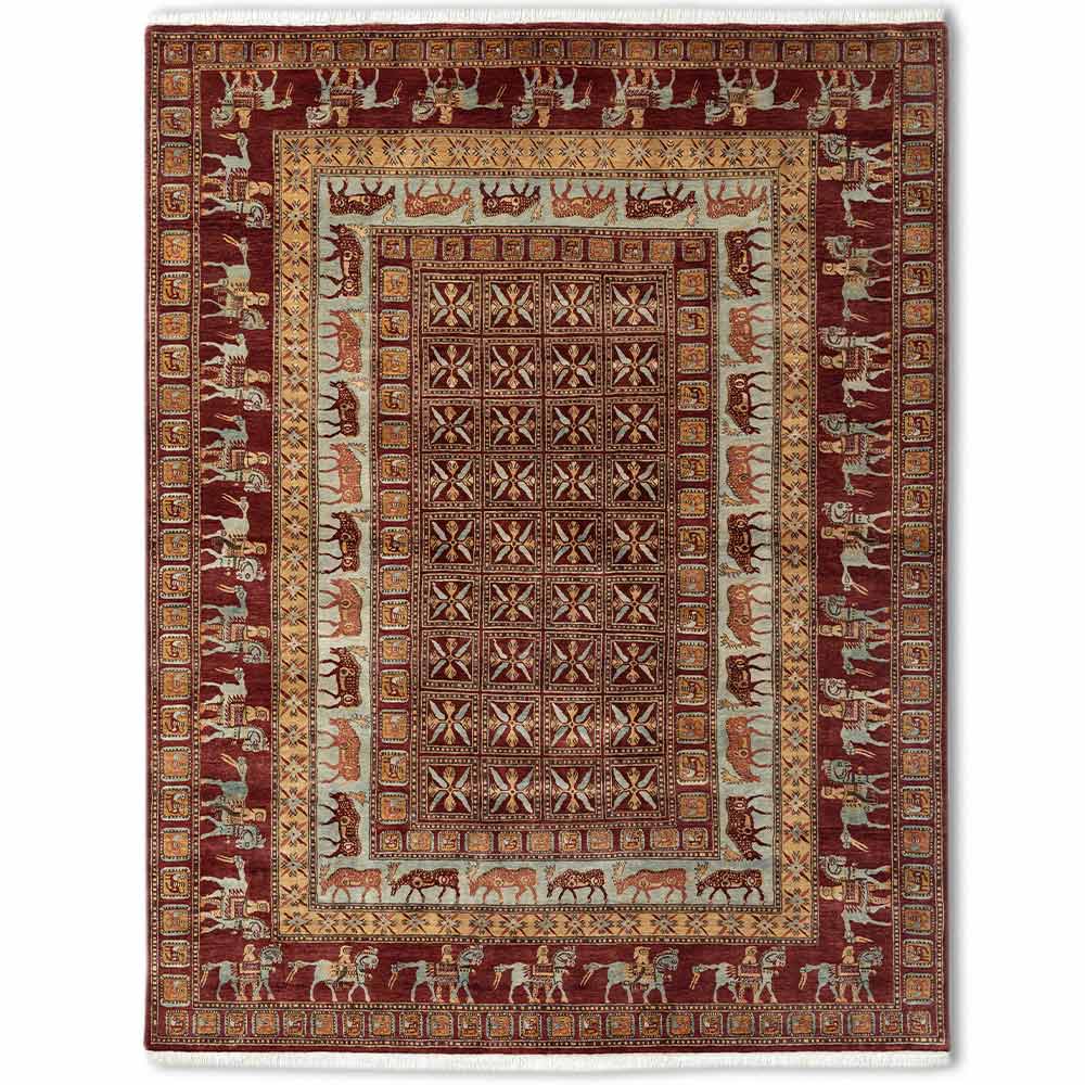 Decorative rug with intricate patterns and border on a white background