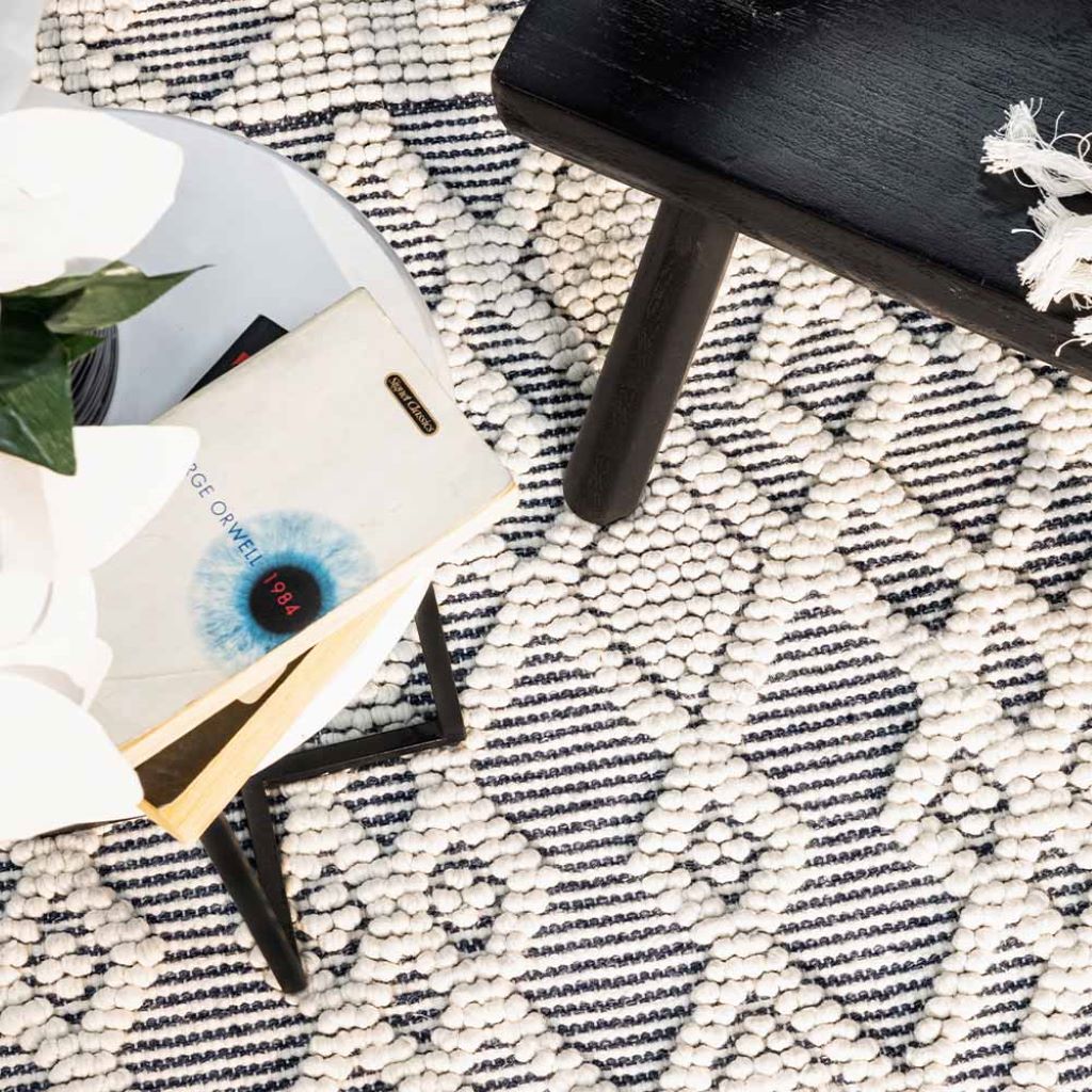 Phone, books, and a plant on a textured black and white rug