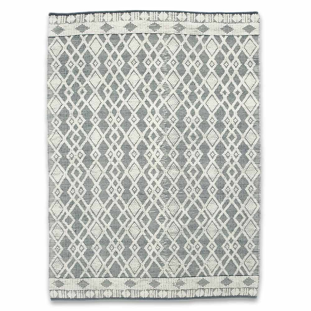 Patterned rug with geometric design on a white background