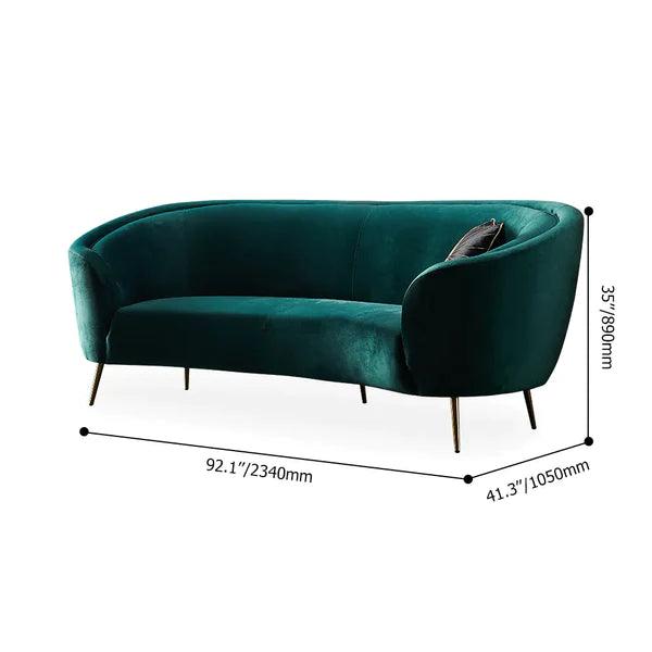 Green velvet sofa with dimensions indicated on a white background