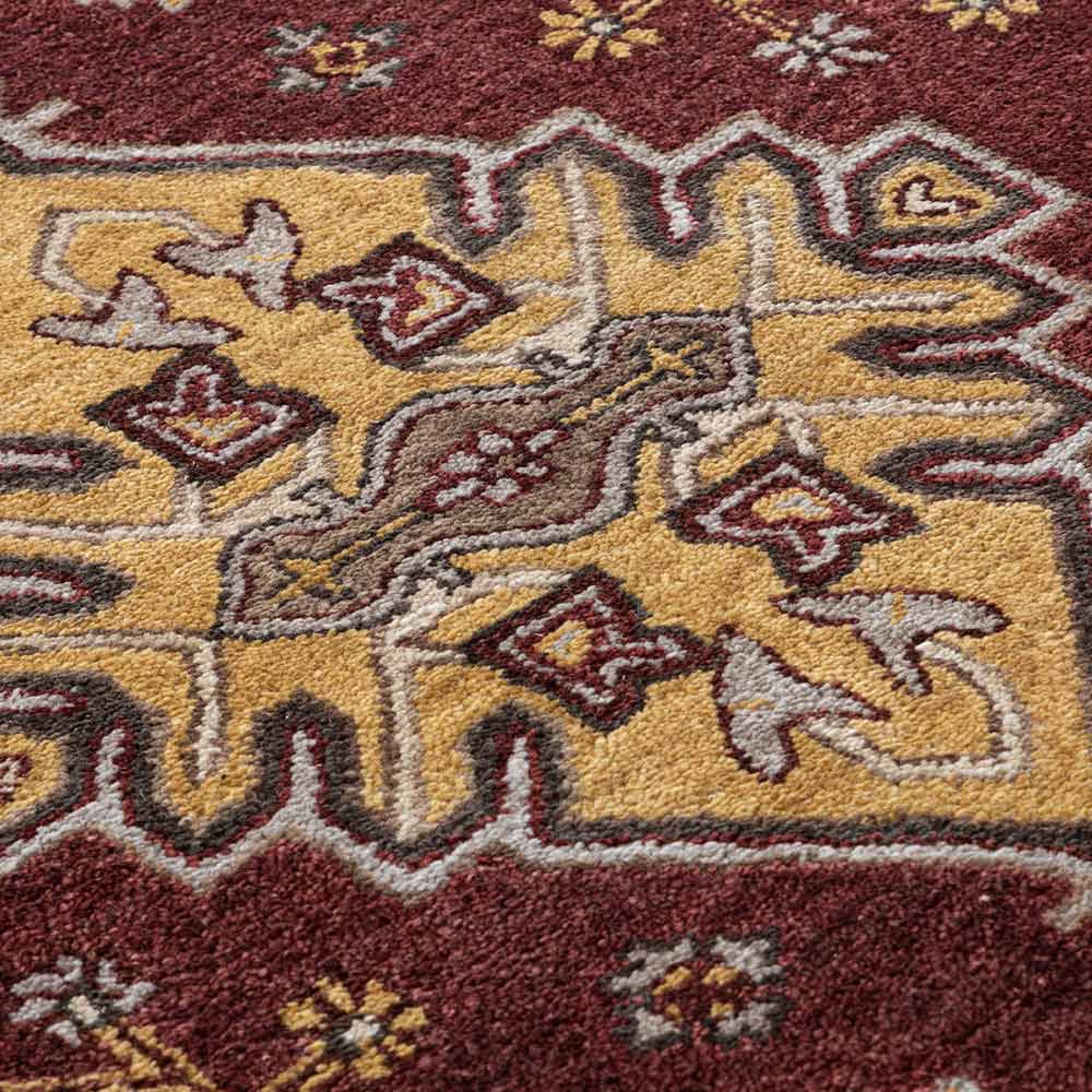 Close-up of a patterned rug with intricate designs in red, gold, and brown.