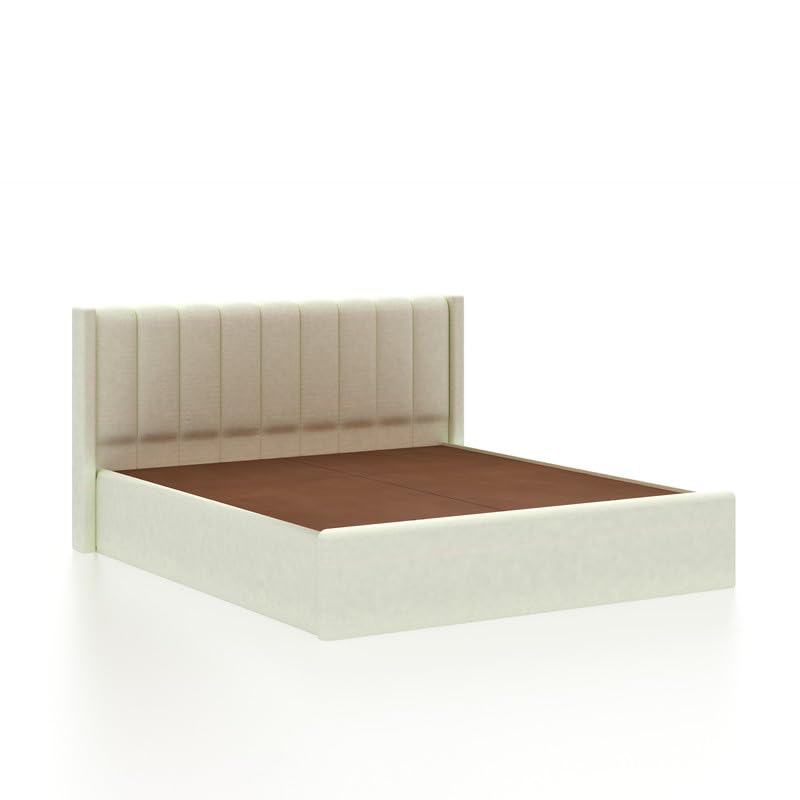 Beige bed frame with wooden surface on a white background