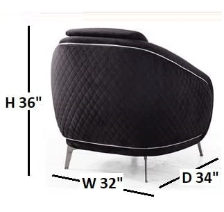 Black quilted armchair with dimensions labeled on a white background