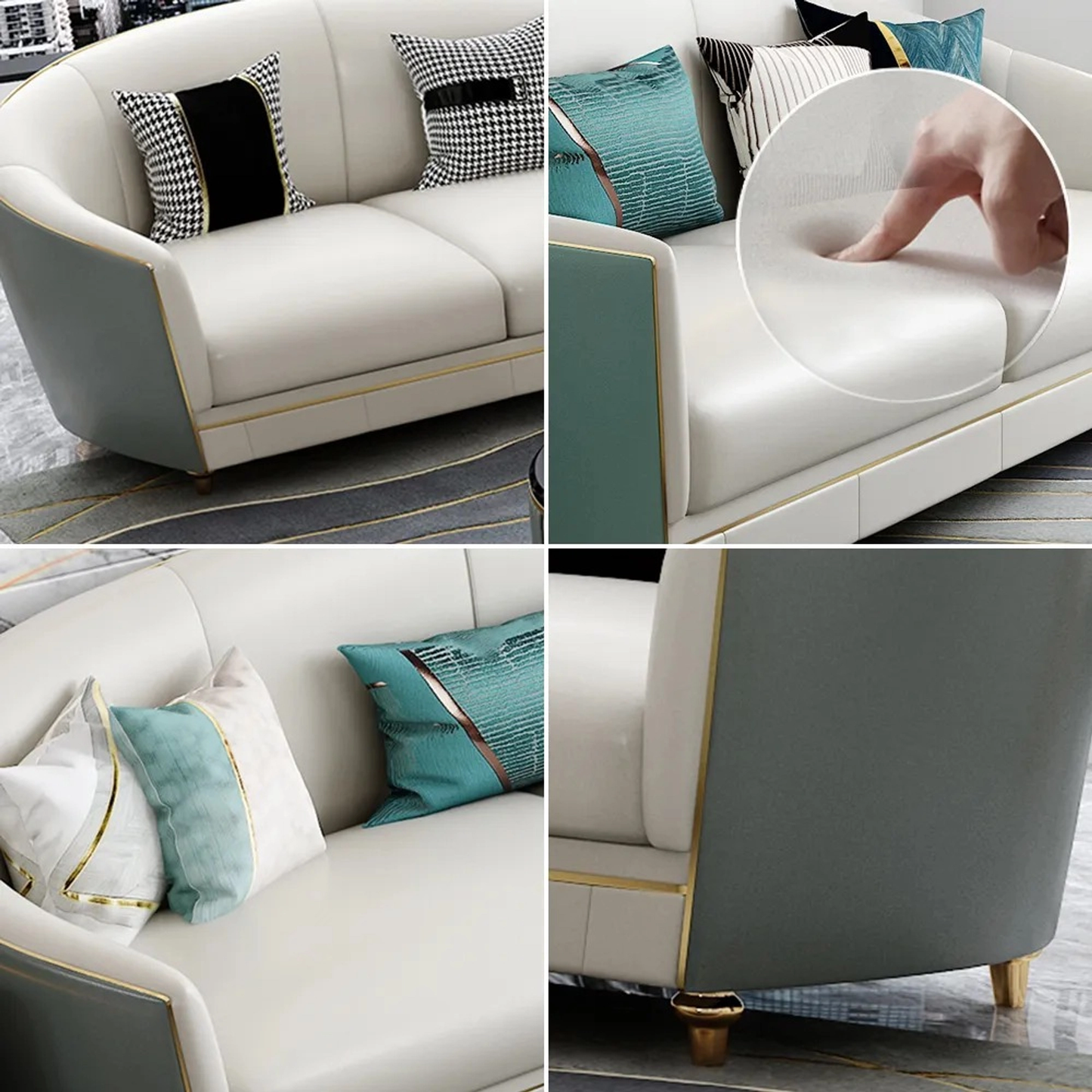 Collage of a white sofa with decorative pillows and close-up details.