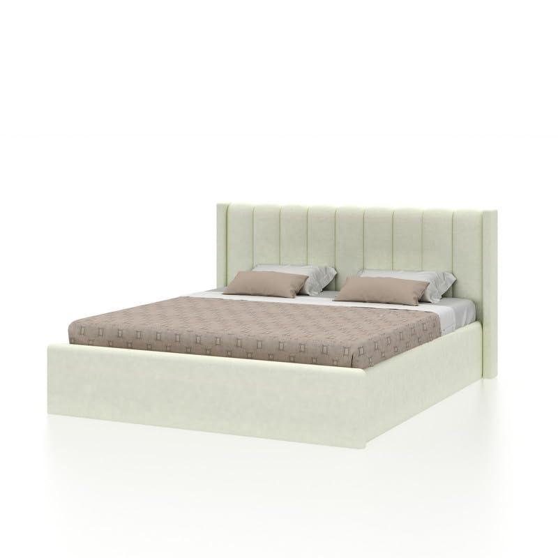Beige upholstered bed with checkered mattress on a white background