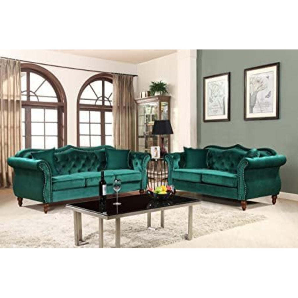 Wooden Vintage Chesterfield Living Room Set – 2-Piece Tufted Velvet Sofa Set (3+2 Seater)