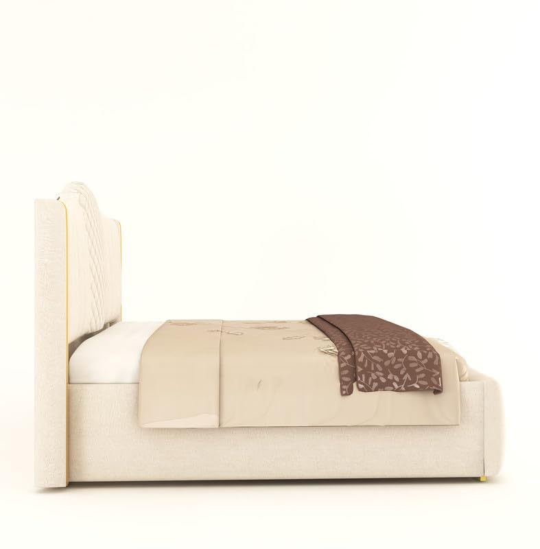 Beige bed with a brown blanket on a white background