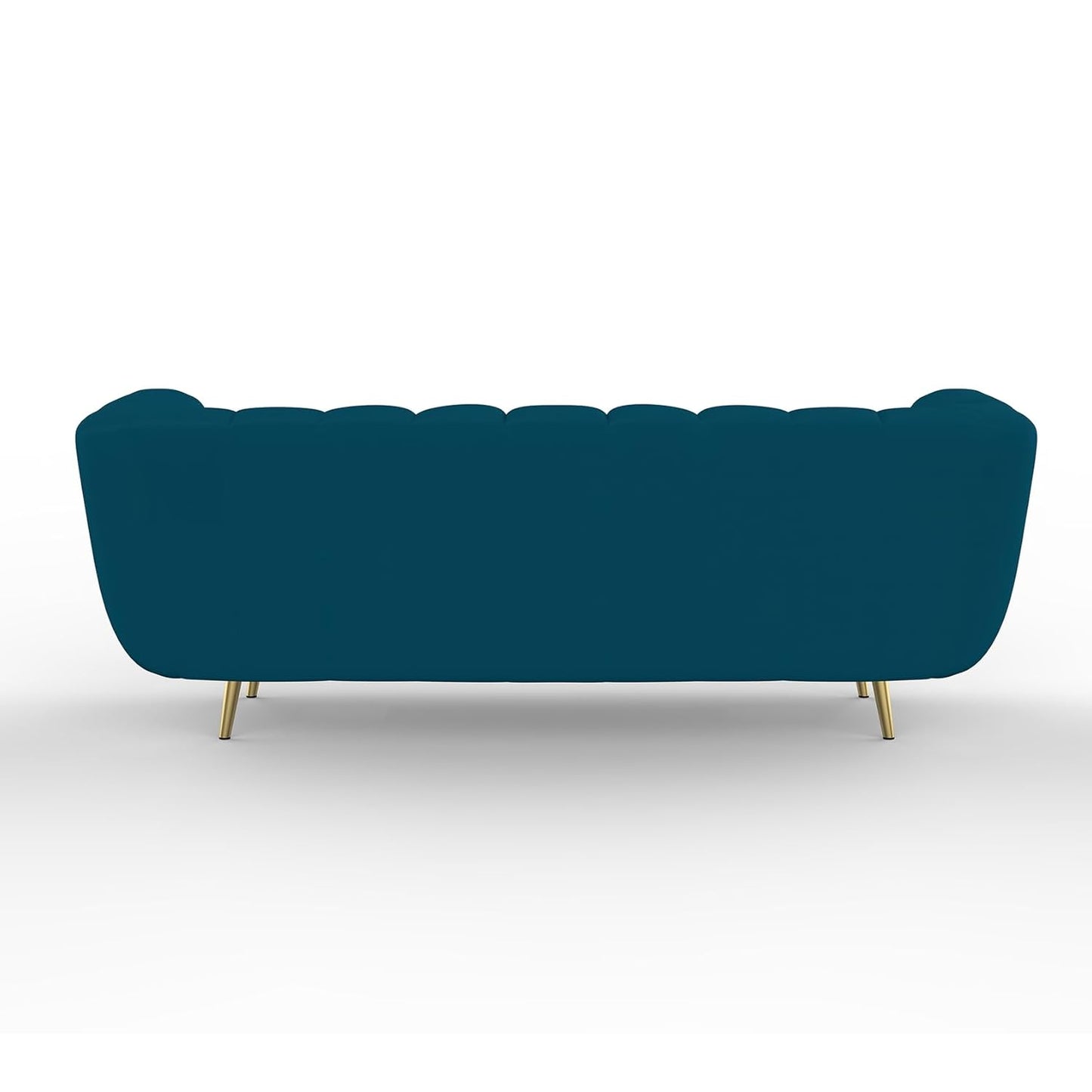 Blue sofa with scalloped edge design on a white background
