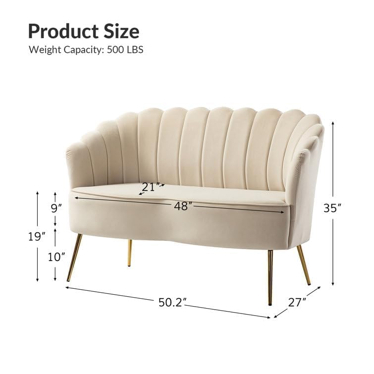 Beige sofa with dimensions and weight capacity on a white background