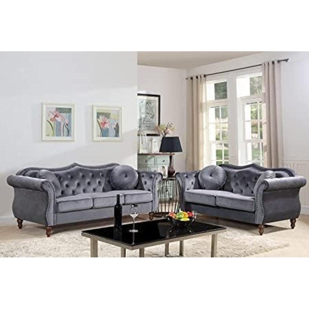 Wooden Vintage Chesterfield Living Room Set – 2-Piece Tufted Velvet Sofa Set (3+2 Seater)