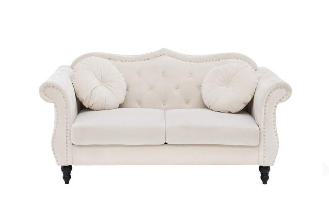 Beige sofa with decorative cushions on a white background