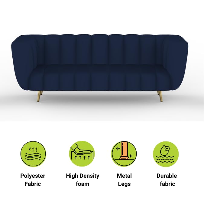 Blue sofa with features listed on a white background