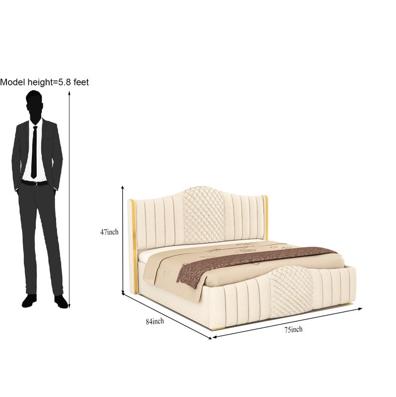 Beige bed with dimensions shown next to a standing person for scale.