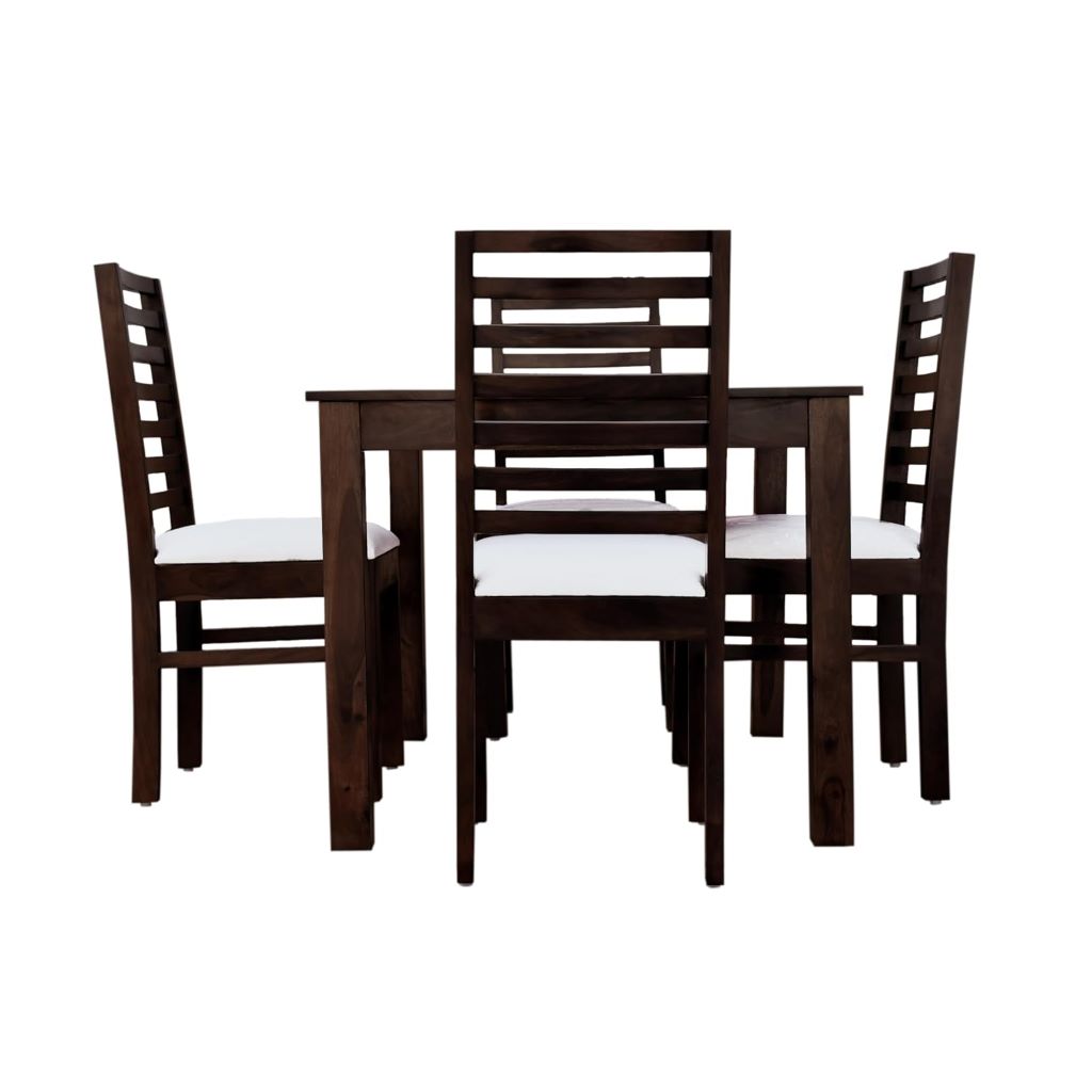 Modern Solid Sheesham Wood 4 Seater Dining Table Set with Cushion Chairs – Walnut Finish