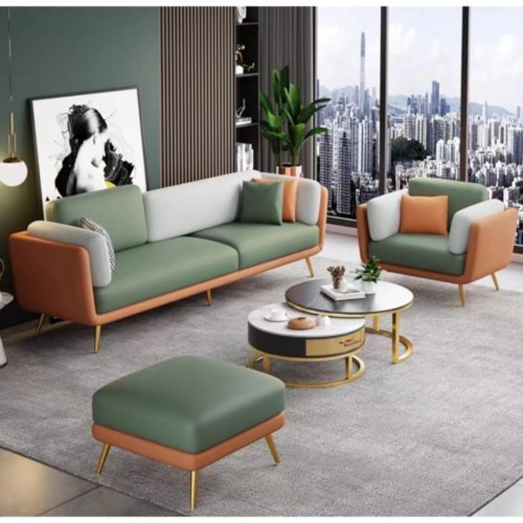 Turquoise Green & Brown 3+1 Fabric Sofa Set with Footrest  Luxury Upholstery & Elegant Modern Design