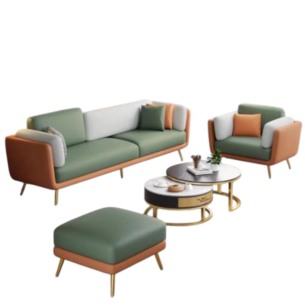 Turquoise Green & Brown 3+1 Fabric Sofa Set with Footrest  Luxury Upholstery & Elegant Modern Design