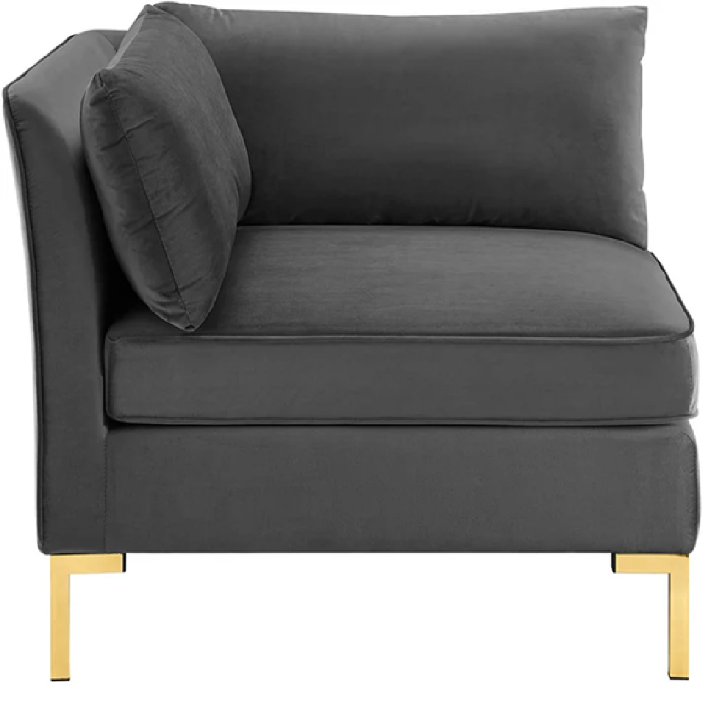Gray corner sofa with gold legs on a white background