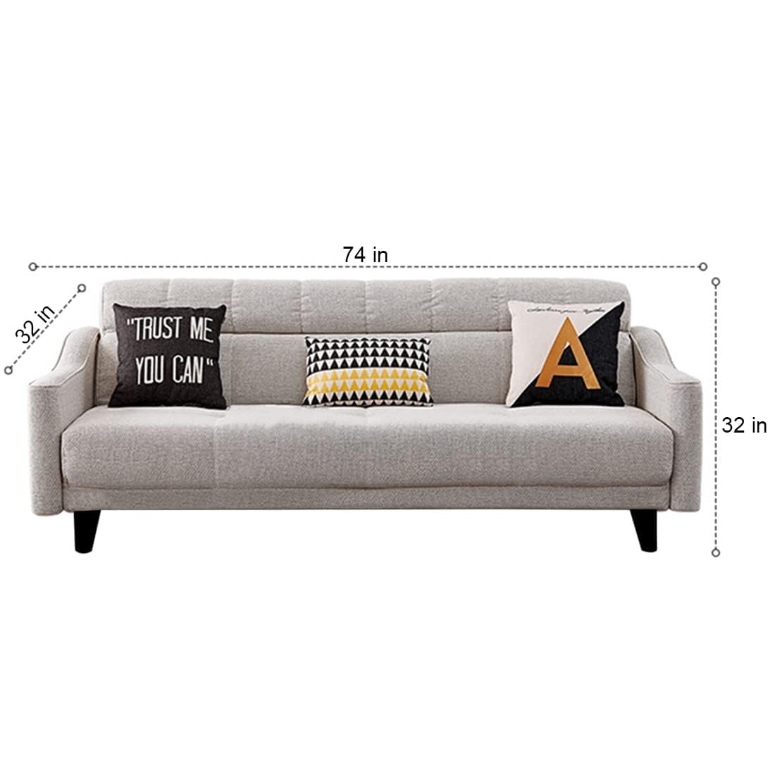 Gray sofa with decorative pillows and measurements on a white background
