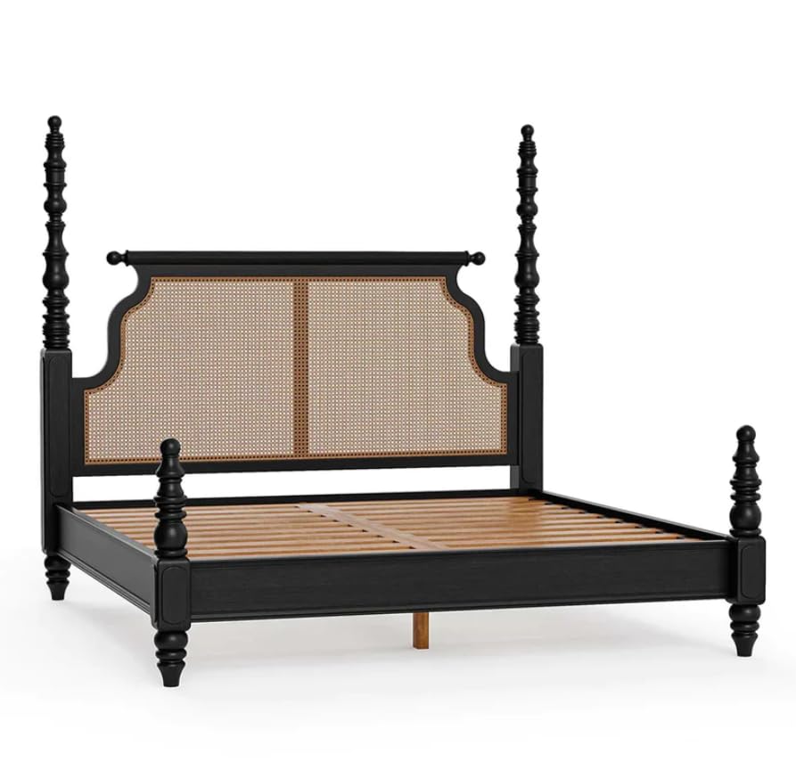 Black bed frame with woven backrest on a white background
