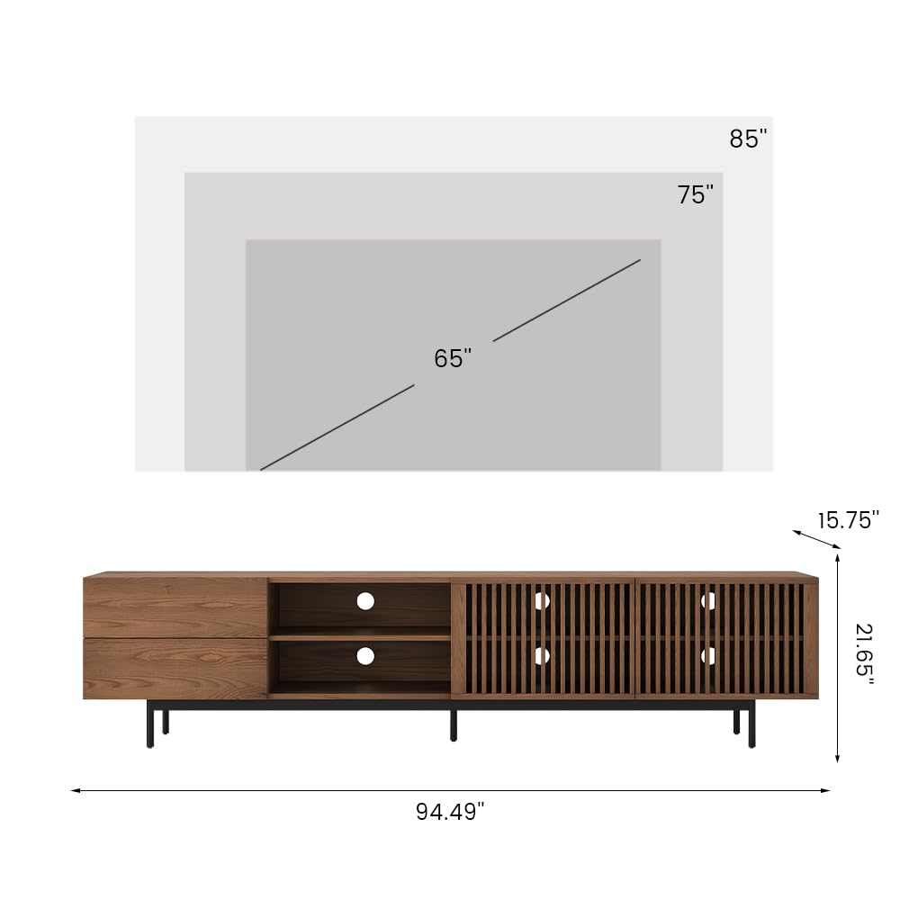 Dimensions of a wooden TV stand with a television screen above it on a white background.