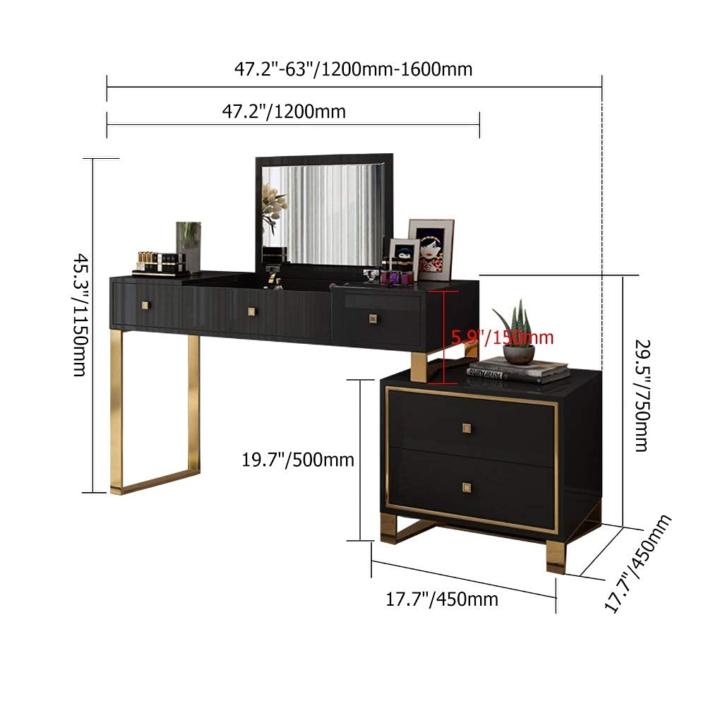 Dressing table with dimensions labeled on a white background