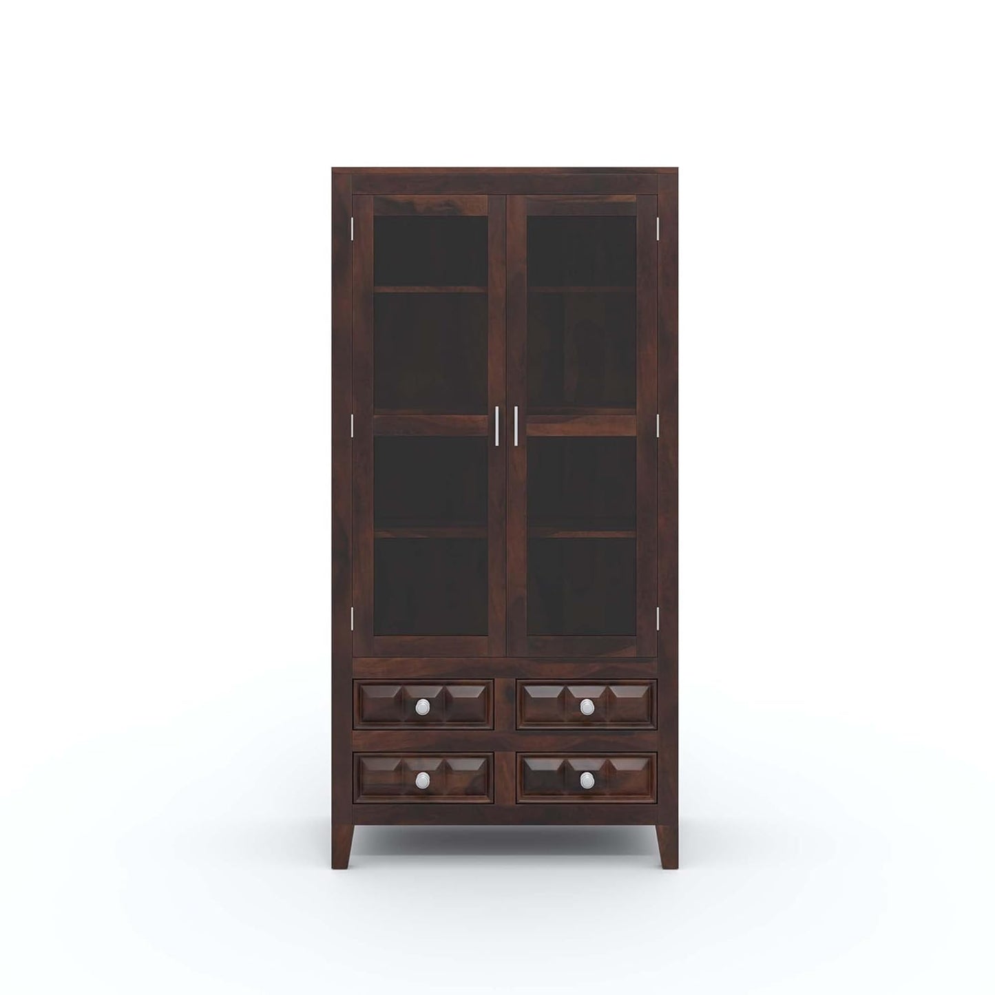 Solid Sheesham Wood Kitchen Cabinet – Crockery Storage Unit with 2 Glass Doors & 4 Drawers (Walnut Finish)
