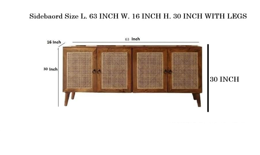 Dimensions of a wooden sideboard with rattan doors on a white background