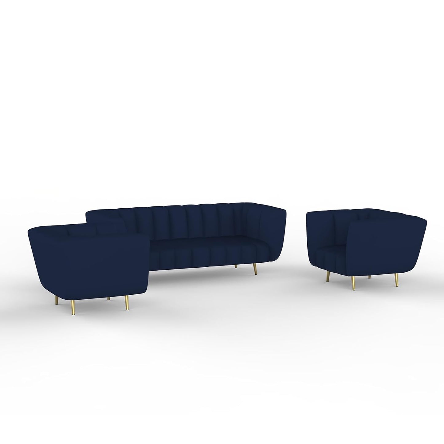 Navy blue sofa set with gold legs on a white background
