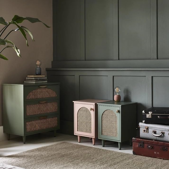 Mango Wood & Rattan Bedside Table – Sage Green Side Table with Shelf & Left Door (38x37x56 cm)