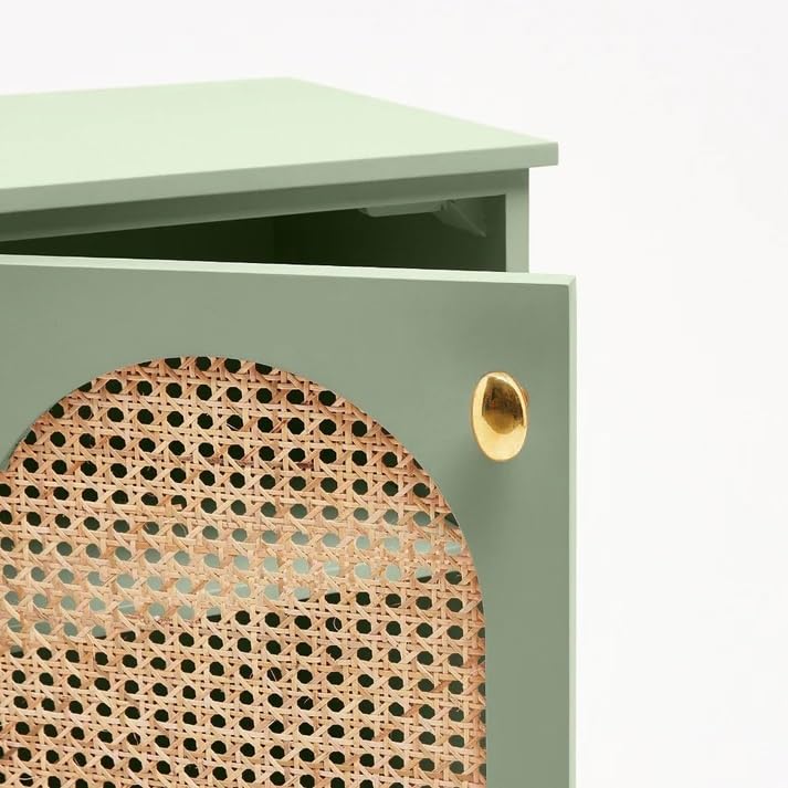 Green cabinet with wicker door and gold handle on a white background