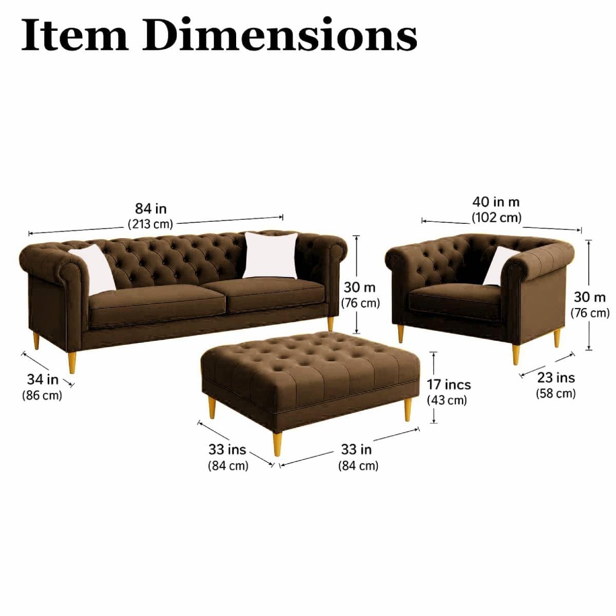 Dimensions of a brown sofa set with ottoman on a white background