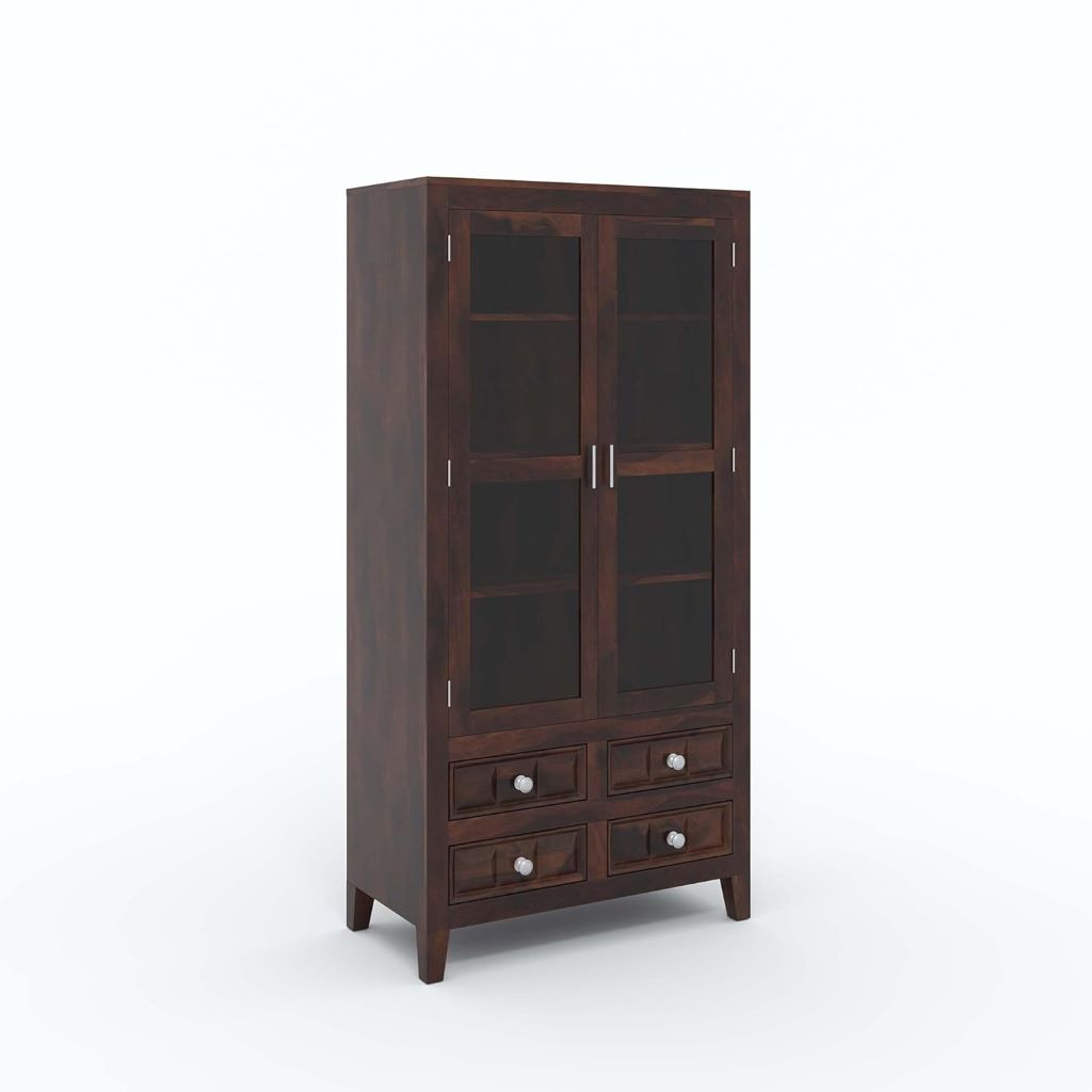 Solid Sheesham Wood Kitchen Cabinet – Crockery Storage Unit with 2 Glass Doors & 4 Drawers (Walnut Finish)