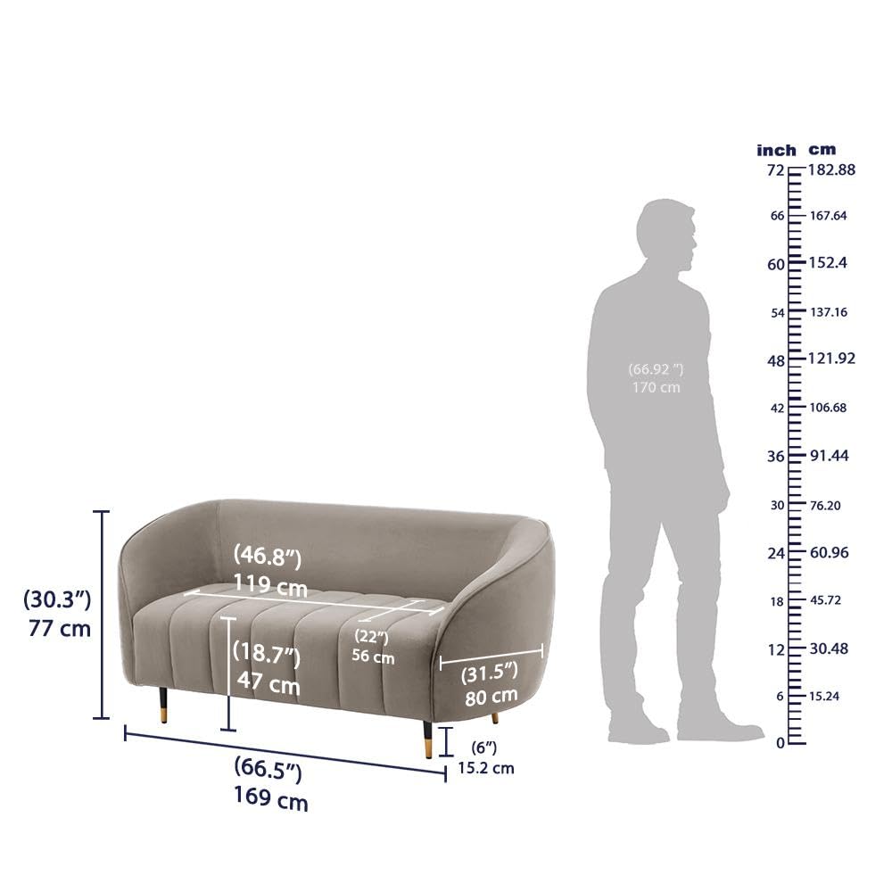 Gray sofa with dimensions labeled and a silhouette of a person for scale on a white background.