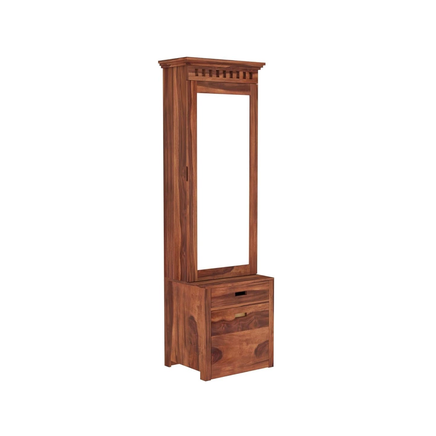 Wooden coat rack with storage on a white background