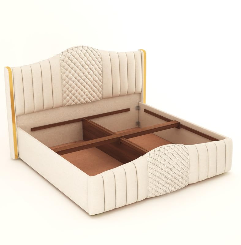 Beige upholstered bed with wooden drawers on a white background