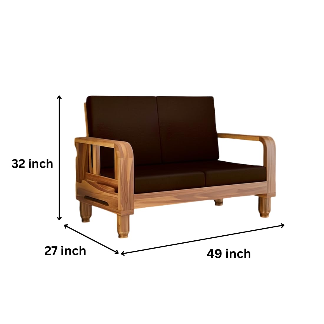 Brown sofa with dimensions labeled on a white background