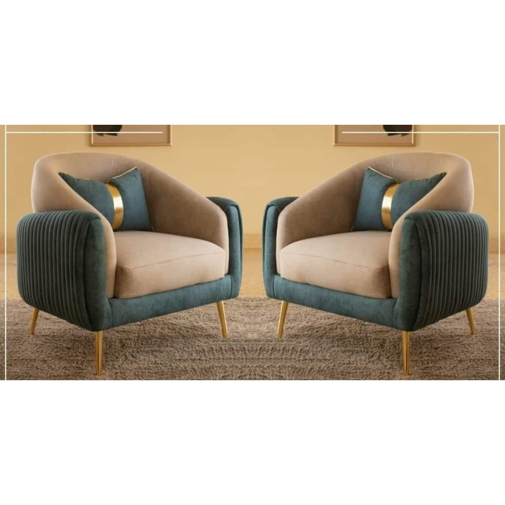 Two armchairs with beige and teal design on a neutral background