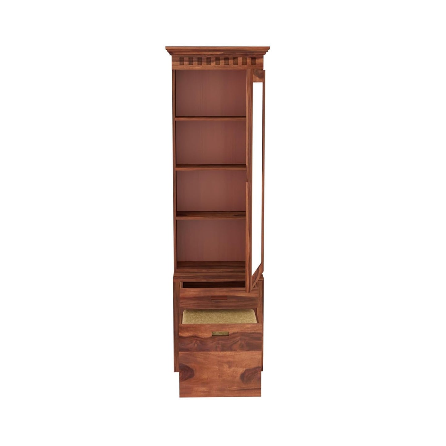 Wooden bookshelf with a small drawer on a white background