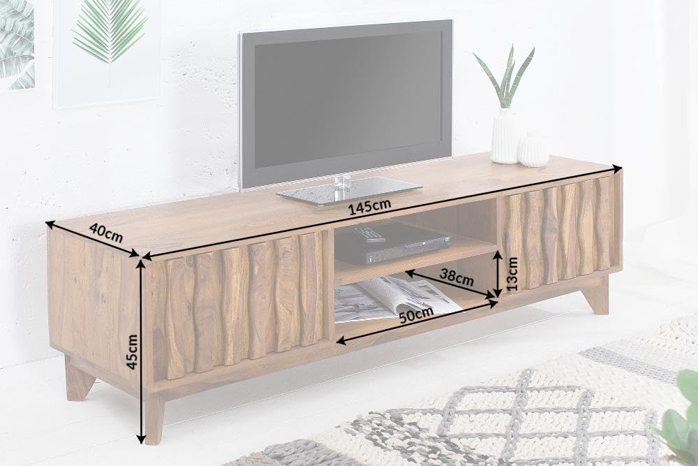 Wooden TV stand with dimensions displayed on a white background