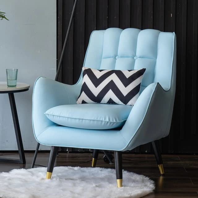 Light blue armchair with a chevron-patterned pillow in a room setting.