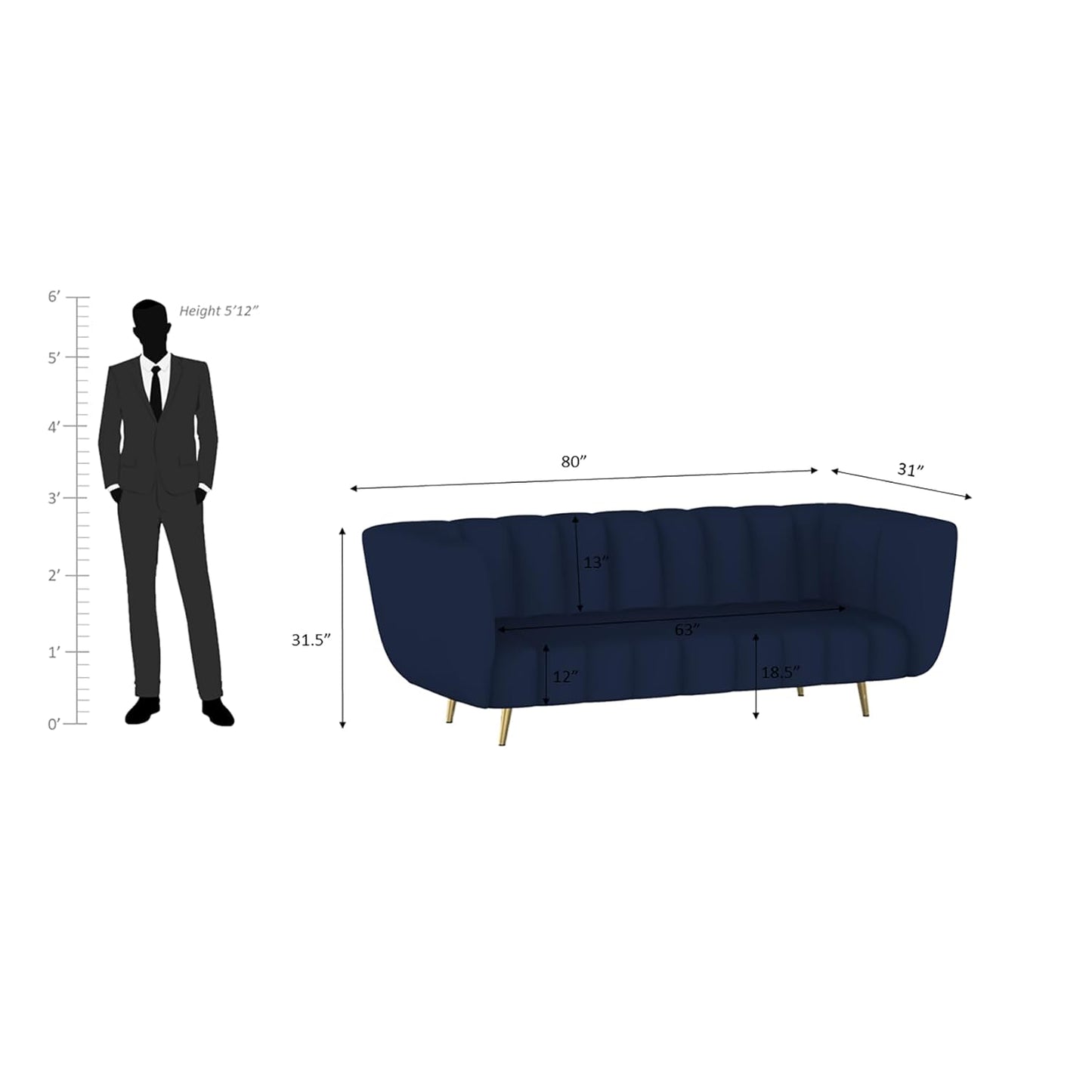 Navy blue sofa with dimensions shown relative to a standing person on a white background