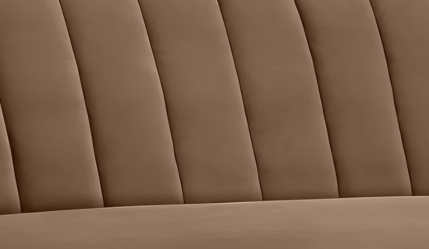 Close-up of a brown upholstered headboard