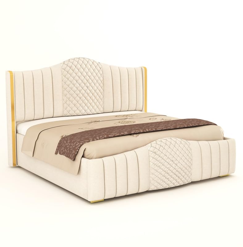 Beige bed with quilted headboard and brown blanket on a white background