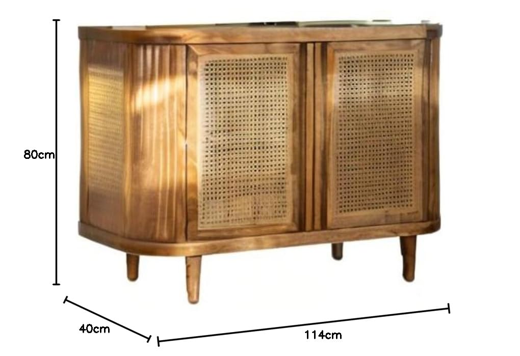 Wooden cabinet with wicker doors and dimensions on a white background