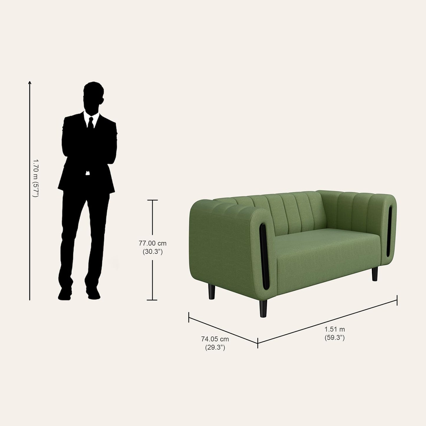 Paramount 2-Seater Fabric Sofa | Solid Wood Frame, Green