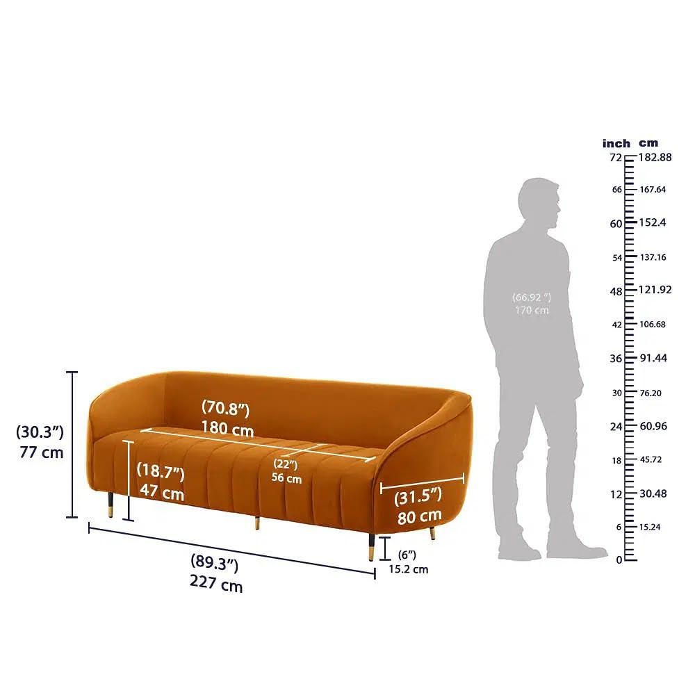 Orange sofa with dimensions labeled and a silhouette of a person for scale on a white background.