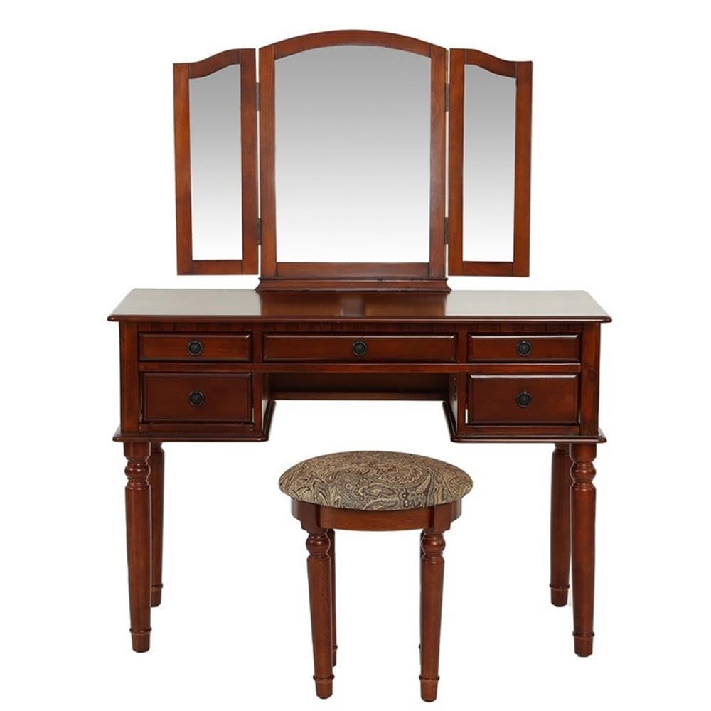 Wooden vanity table with three mirrors and a stool on a white background