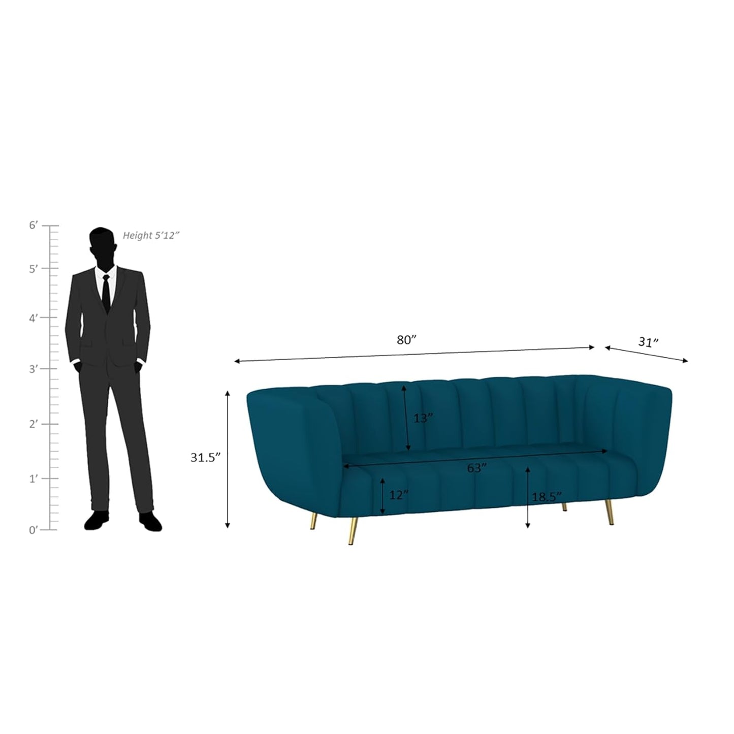 Teal sofa with dimensions shown relative to a standing person