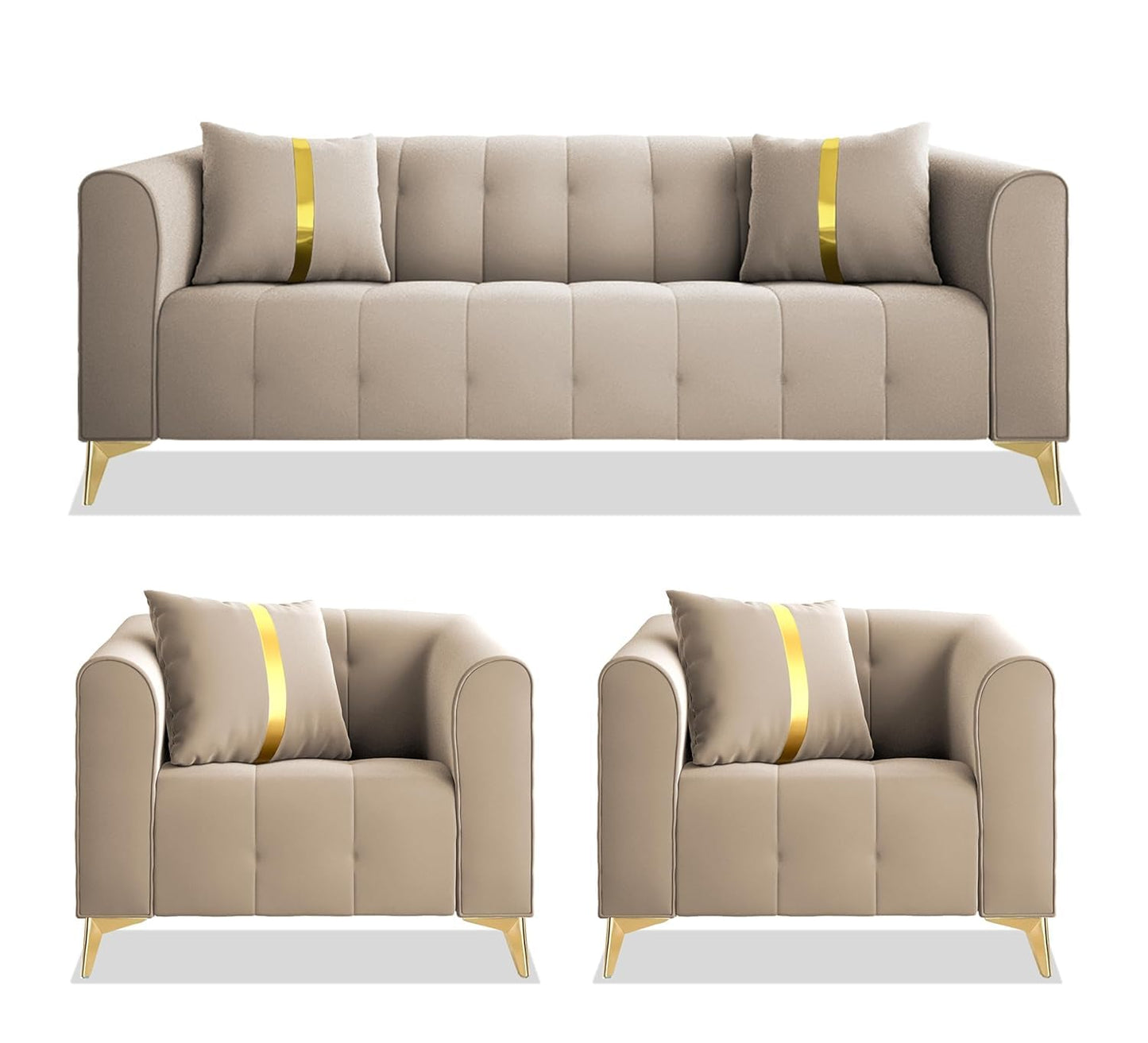 Beige Fabric Chesterfield 3+1+1 Seater Sofa Set Elegant Modern Classic Design