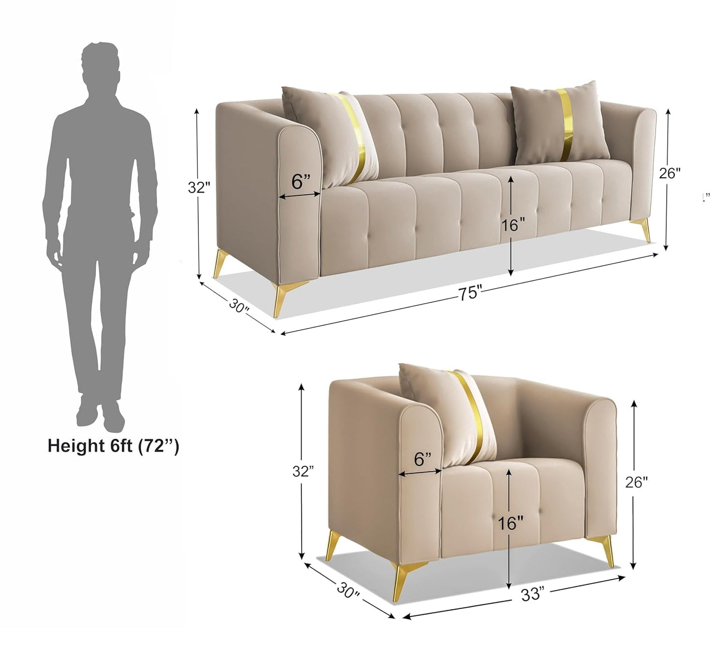 Beige Fabric Chesterfield 3+1+1 Seater Sofa Set Elegant Modern Classic Design